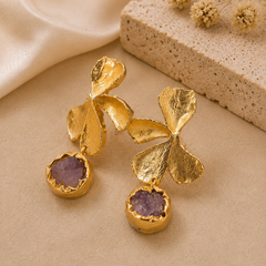 Gold Floral Orchid Earrings With Dangling Amethyst Detail