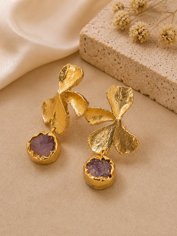 Gold Floral Orchid Earrings With Dangling Amethyst Detail