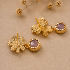 Gold Floral Orchid Earrings With Dangling Amethyst Detail