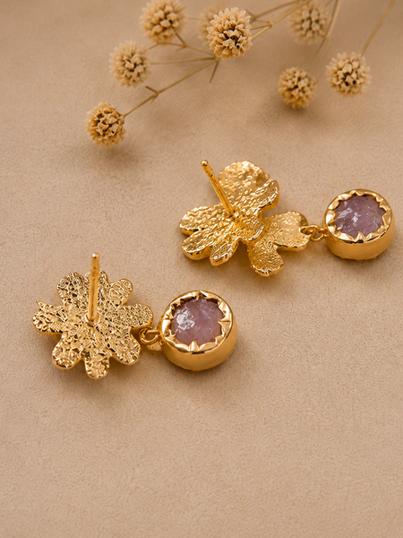 Gold Floral Orchid Earrings With Dangling Amethyst Detail