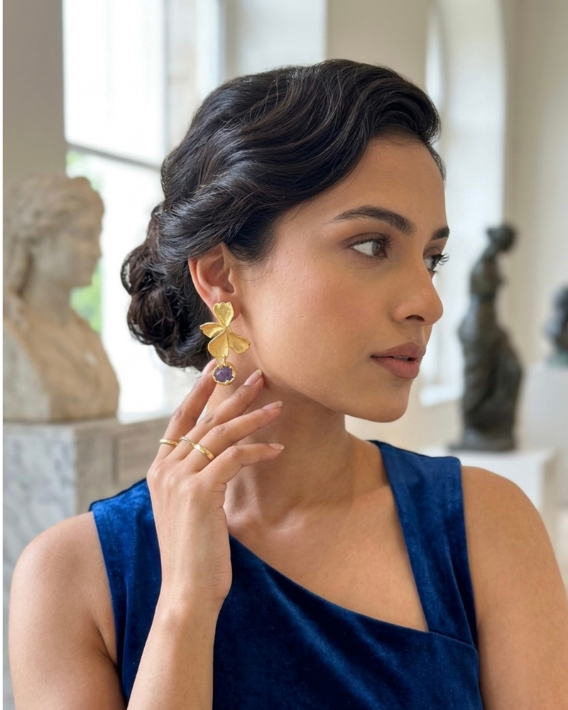 Gold Floral Orchid Earrings With Dangling Amethyst Detail