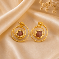 Gold Double Circle Earrings With Strawberry Quartz Stone