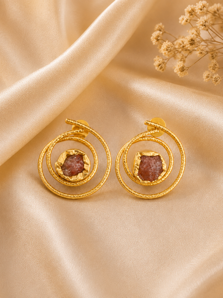 Gold Double Circle Earrings With Strawberry Quartz Stone