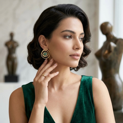 Gold Double Circle Earrings With Green Fluorite Stone
