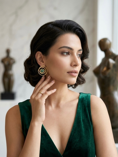 Gold Double Circle Earrings With Green Fluorite Stone