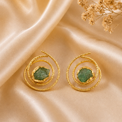 Gold Double Circle Earrings With Green Fluorite Stone