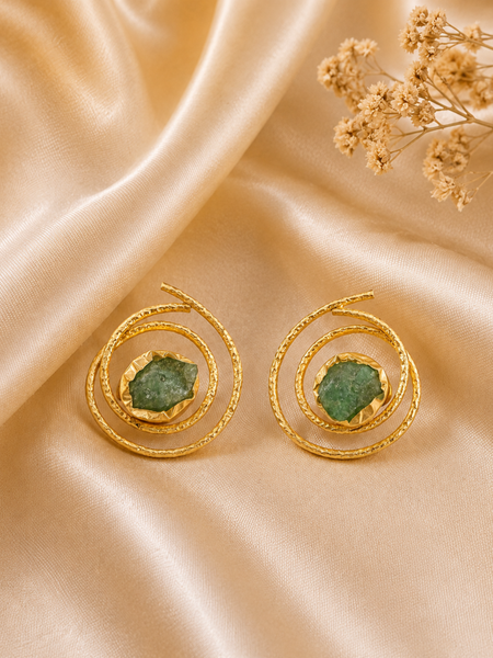 Gold Double Circle Earrings With Green Fluorite Stone