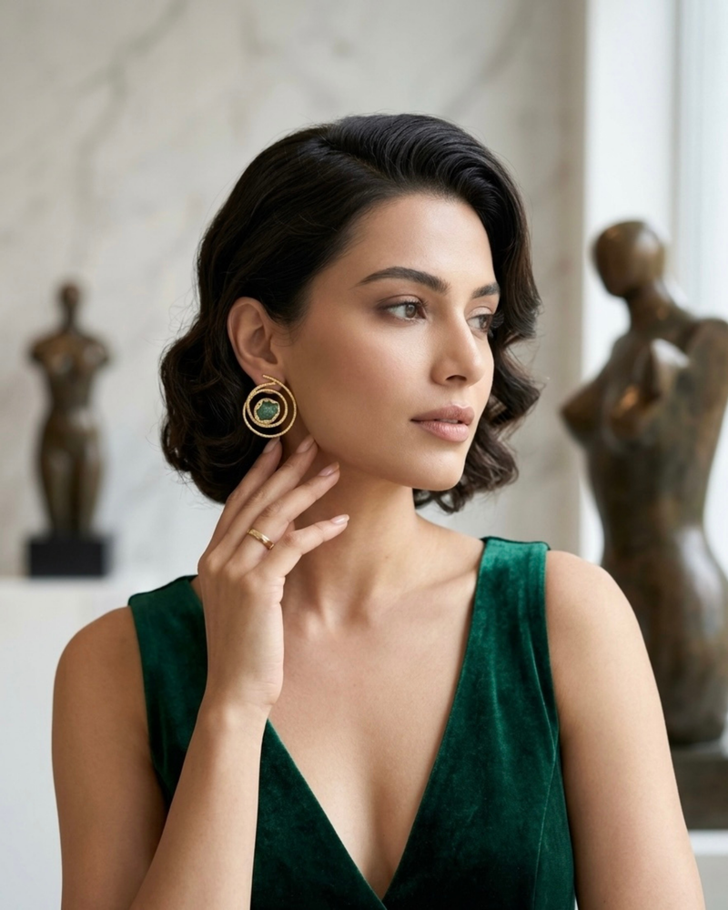 Gold Double Circle Earrings With Green Fluorite Stone