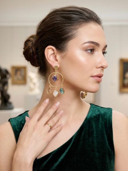 Gold Statement Hoop Earrings With Multi Stone Charms