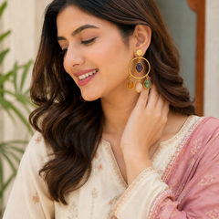 Gold Statement Hoop Earrings With Multi Stone Charms