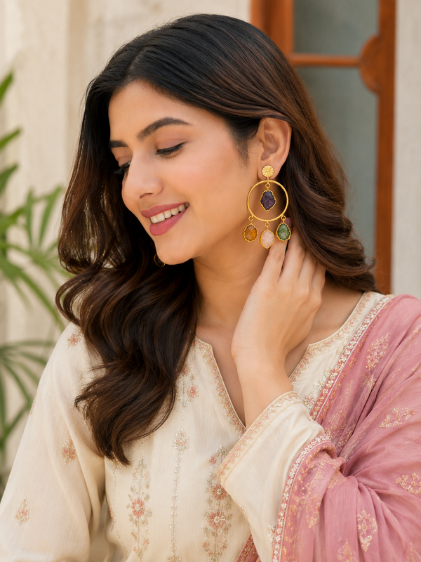 Gold Statement Hoop Earrings With Multi Stone Charms