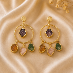 Gold Statement Hoop Earrings With Multi Stone Charms
