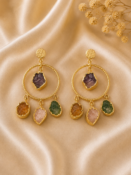 Gold Statement Hoop Earrings With Multi Stone Charms