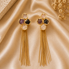 Gold Mosaic Stone Earrings With Chain Tassel Detail