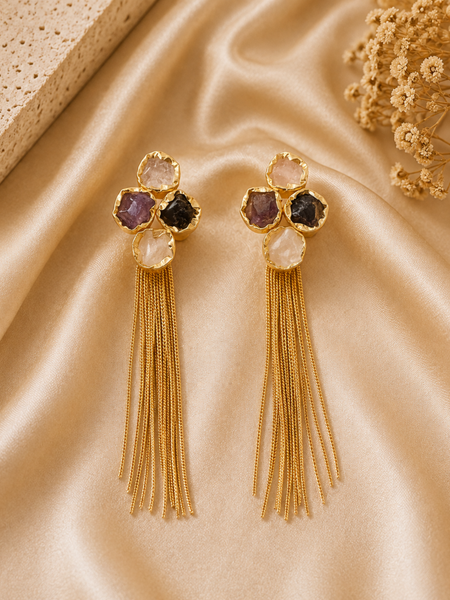 Gold Mosaic Stone Earrings With Chain Tassel Detail
