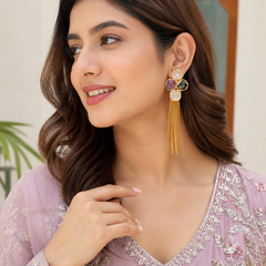 Gold Mosaic Stone Earrings With Chain Tassel Detail