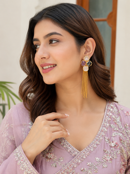 Gold Mosaic Stone Earrings With Chain Tassel Detail