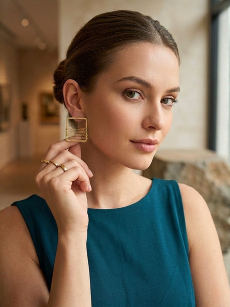 Gold Minimal Square Earrings With Layered Chains
