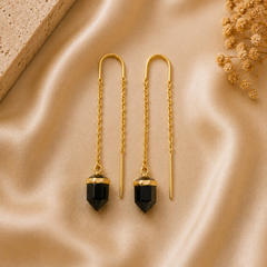Gold Minimal Chain Earrings With Black Onyx Stone Drop