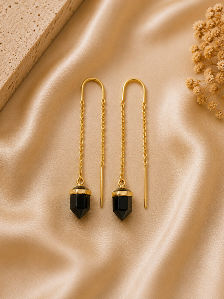 Gold Minimal Chain Earrings With Black Onyx Stone Drop