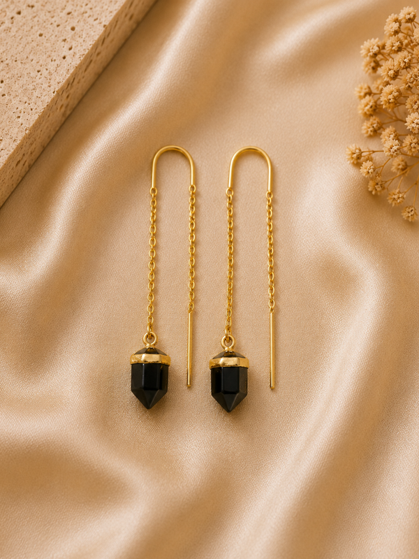 Gold Minimal Chain Earrings With Black Onyx Stone Drop