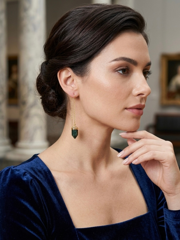 Gold Needle Earrings With Green Aventurine Stone Drop