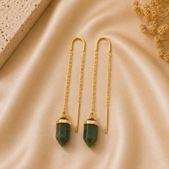 Gold Needle Earrings With Green Aventurine Stone Drop