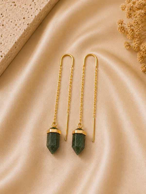 Gold Needle Earrings With Green Aventurine Stone Drop