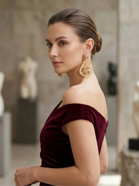 Gold Textured Hoop Earrings With Strawberry Quartz Stones
