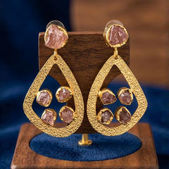 Gold Textured Hoop Earrings With Strawberry Quartz Stones