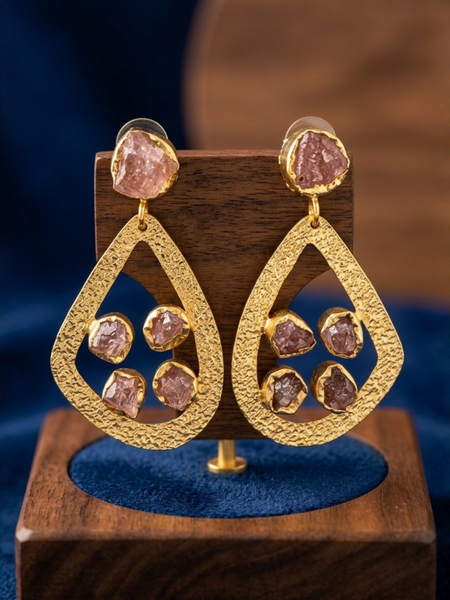Gold Textured Hoop Earrings With Strawberry Quartz Stones