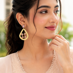 Gold Textured Hoop Earrings With Strawberry Quartz Stones