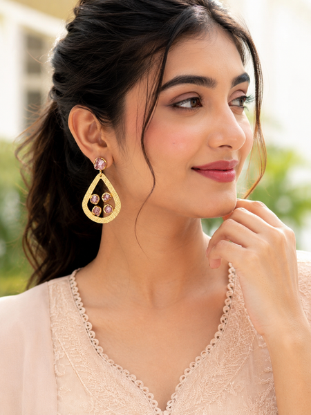 Gold Textured Hoop Earrings With Strawberry Quartz Stones