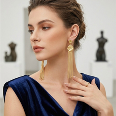 Gold Molten Disc Earrings With Cascading Chain Tassels