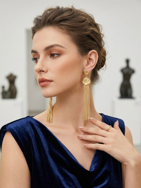 Gold Molten Disc Earrings With Cascading Chain Tassels