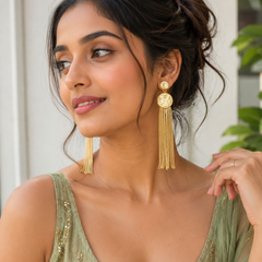 Gold Molten Disc Earrings With Cascading Chain Tassels