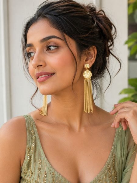 Gold Molten Disc Earrings With Cascading Chain Tassels