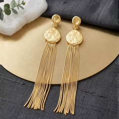 Gold Molten Disc Earrings With Cascading Chain Tassels