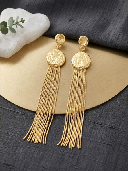 Gold Molten Disc Earrings With Cascading Chain Tassels