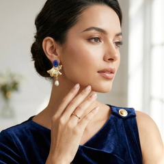 Gold Textured Petal Earrings With Pearl Drop Detail