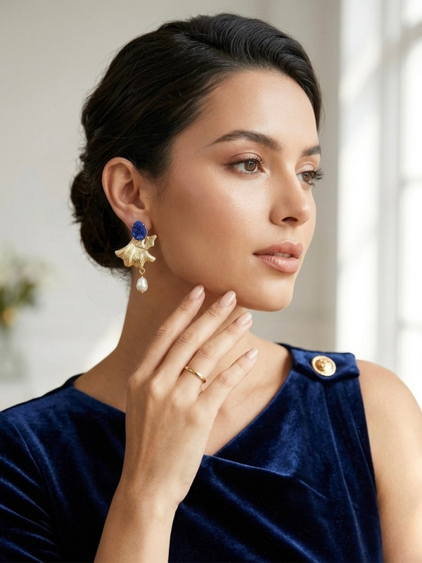 Gold Textured Petal Earrings With Pearl Drop Detail