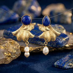 Gold Textured Petal Earrings With Pearl Drop Detail