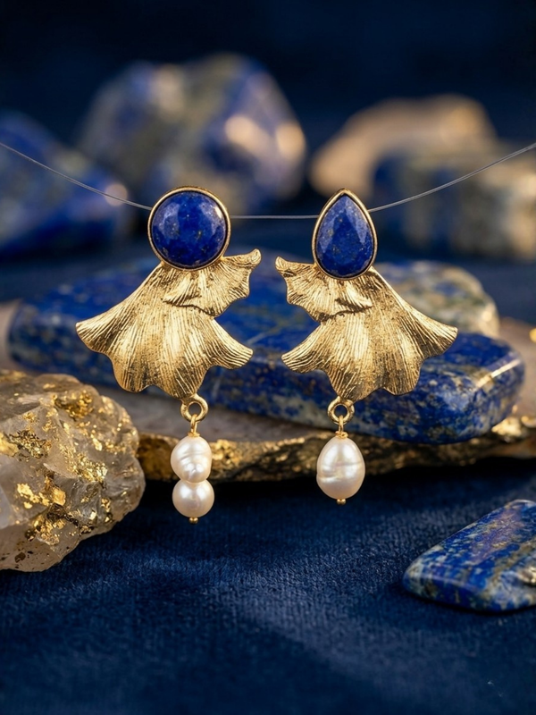 Gold Textured Petal Earrings With Pearl Drop Detail