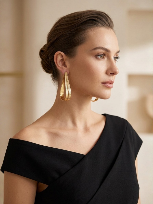 Gold Fluid Loop Earrings With Textured Open Frame