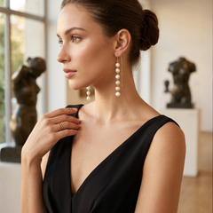 Gold Long Drop Earrings With Multi Pearl Detail