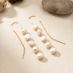 Gold Long Drop Earrings With Multi Pearl Detail