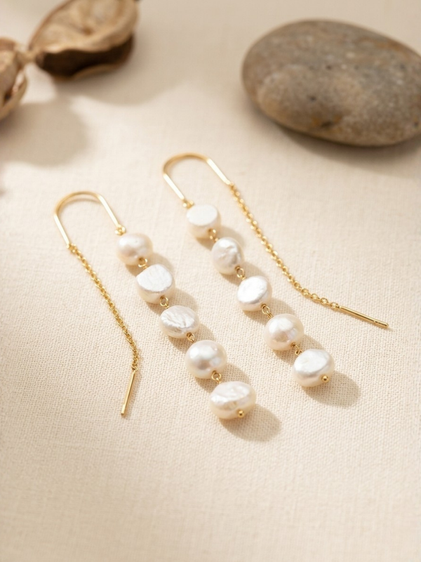 Gold Long Drop Earrings With Multi Pearl Detail