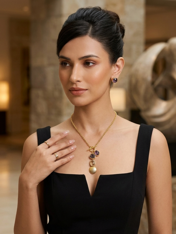 Gold Raw Stone Necklace Set With Chain Fringe
