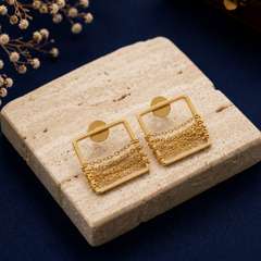 Gold Minimal Square Earrings With Layered Chains