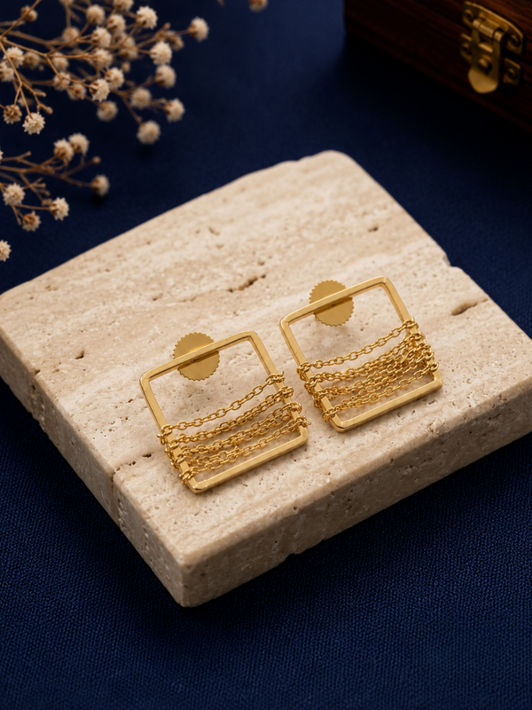 Gold Minimal Square Earrings With Layered Chains